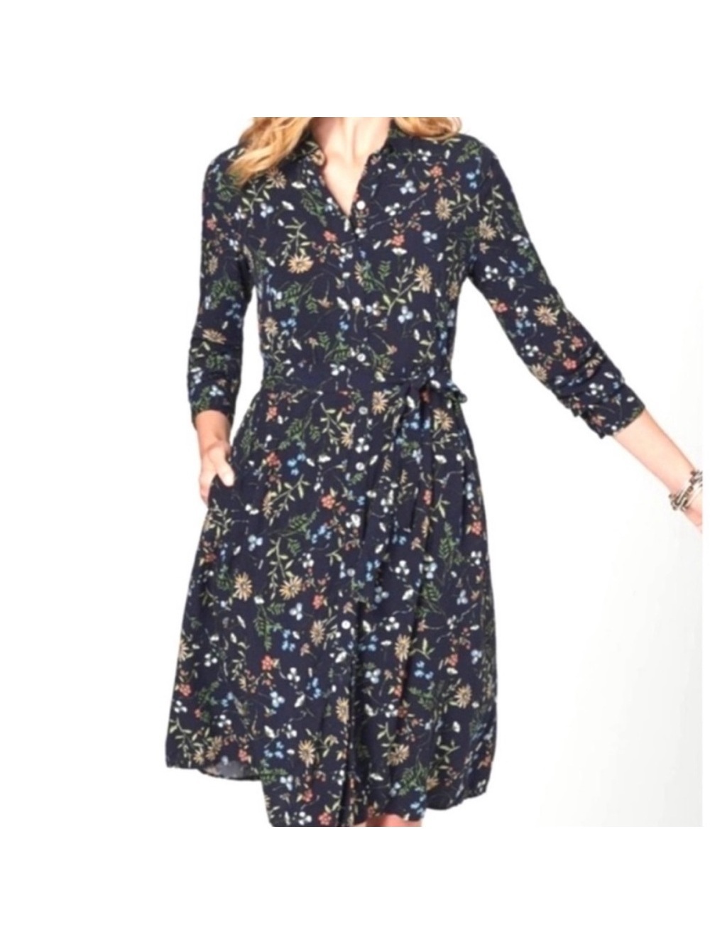 J. Jill Navy Long Sleeve Button Down Floral Shirt Dress with Belt